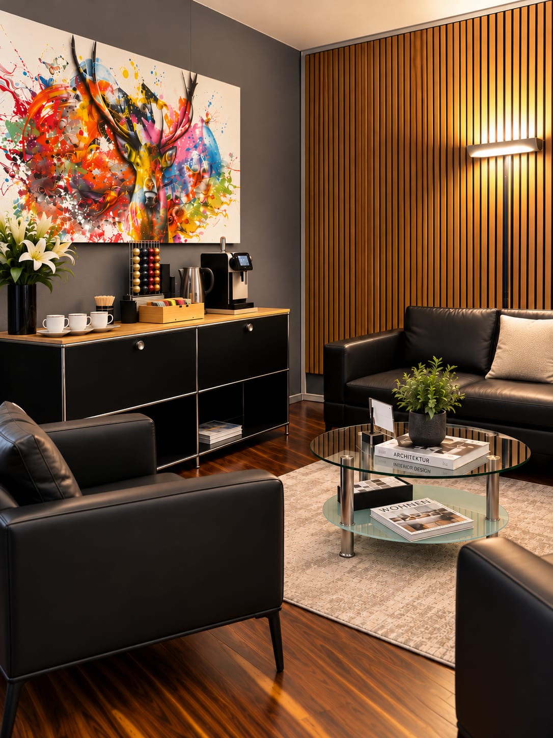 Waiting area of the CMD-Klinik with leather armchairs and coffee station