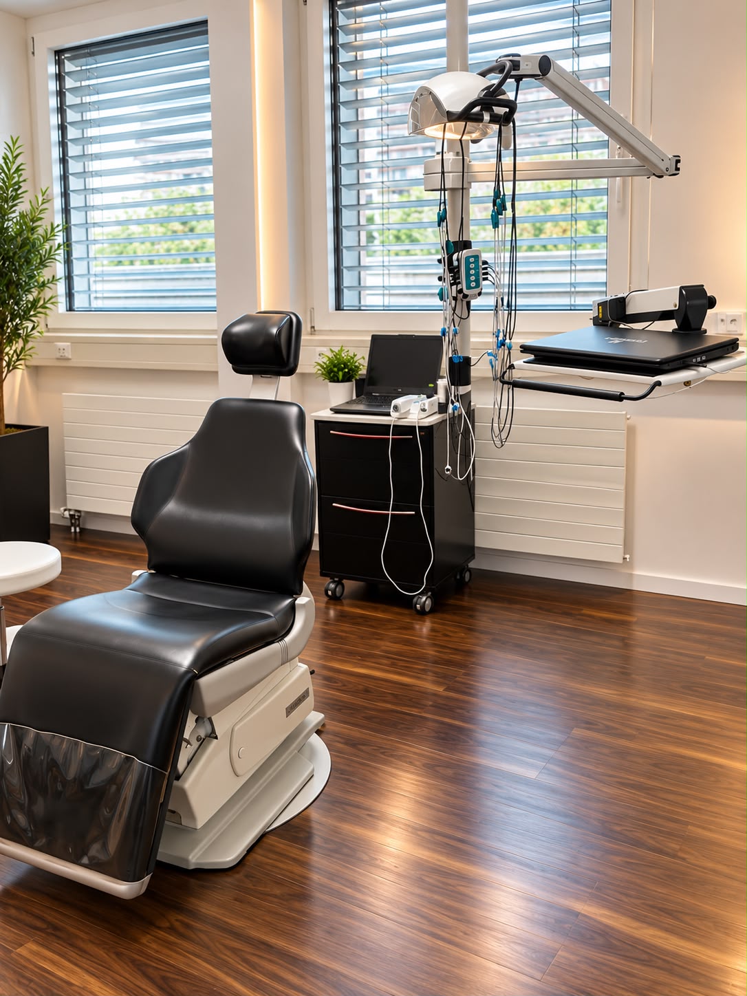 Measurement room of the CMD-Klinik with treatment chair and EMG cables