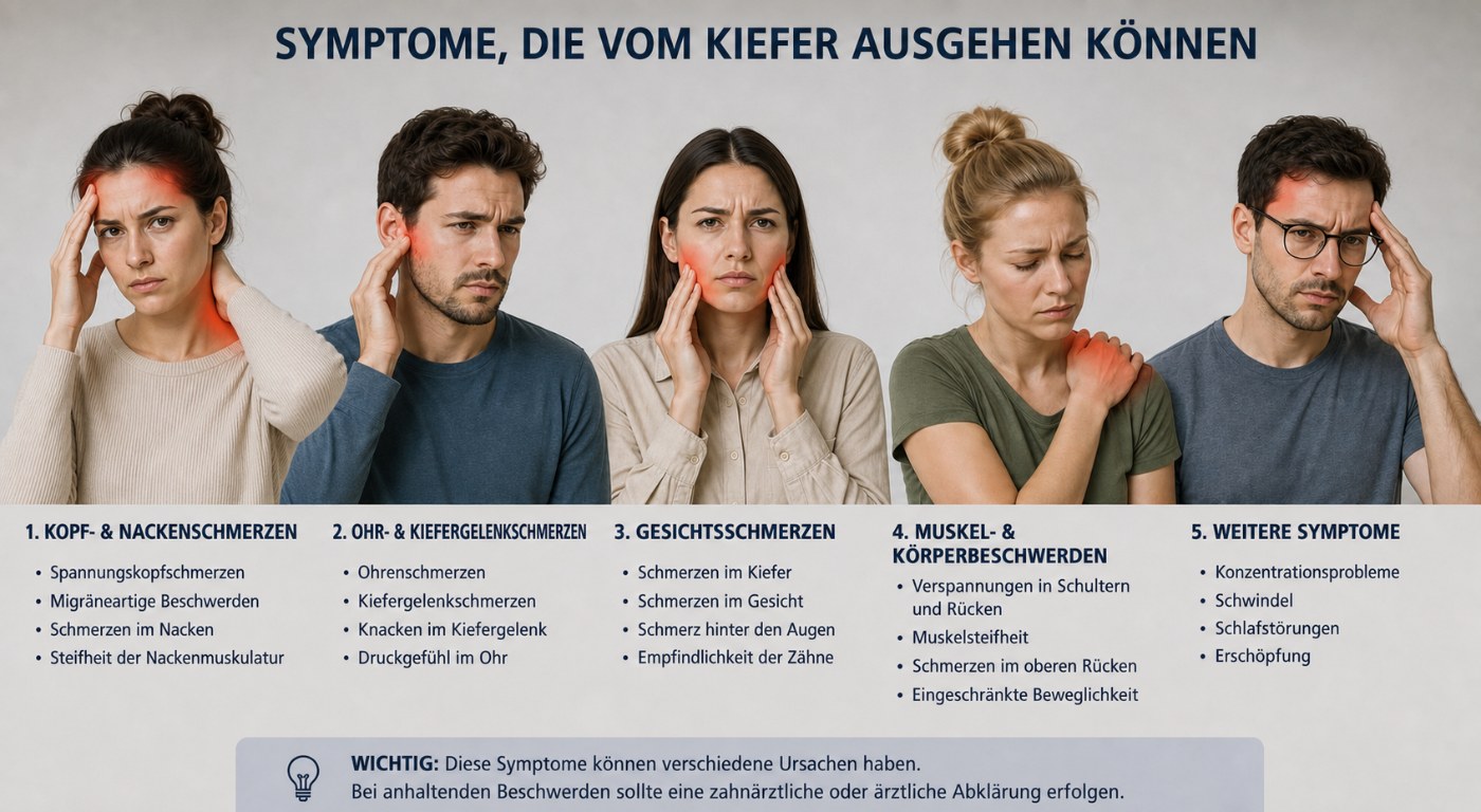 Schaubild mit fünf Personen, die jeweils eine schmerzende Körperstelle
                    halten: Kopf und Nacken, Ohr und Kiefergelenk, Gesicht, Schulter und
                    Rücken sowie Kopf beidseitig. Darunter je eine Liste der typischen
                    Beschwerden, von Spannungskopfschmerzen über Kiefergelenkknacken bis zu
                    Schlafstörungen und Erschöpfung.